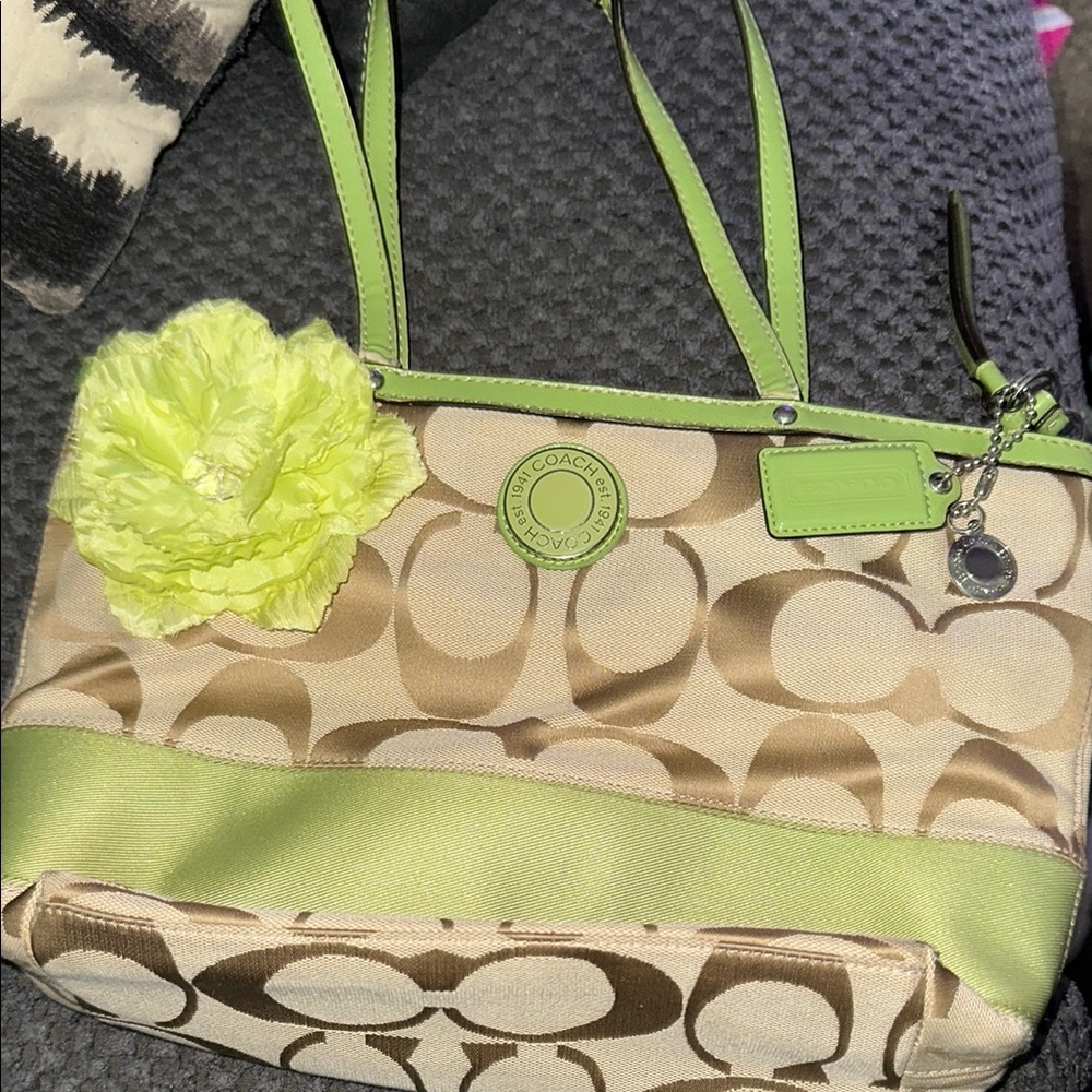 Coach Green and Tan Signature Tote Bag